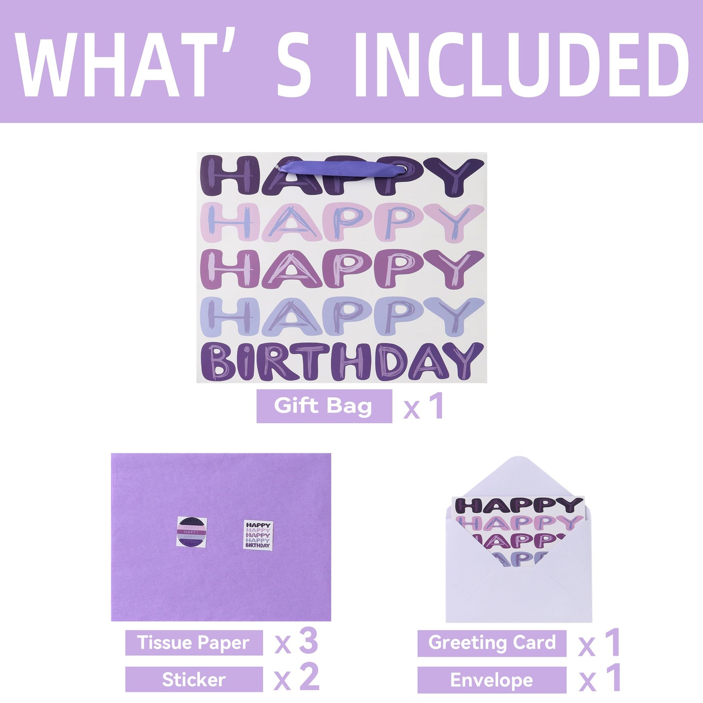 Qirrmiy 13'' Large Purple Happy Birthday Gift Bag Set with Handles, Greeting Card, Tissue Papers and Stickers for Women Girls Kids Teens, Words Design, 1 Pcs