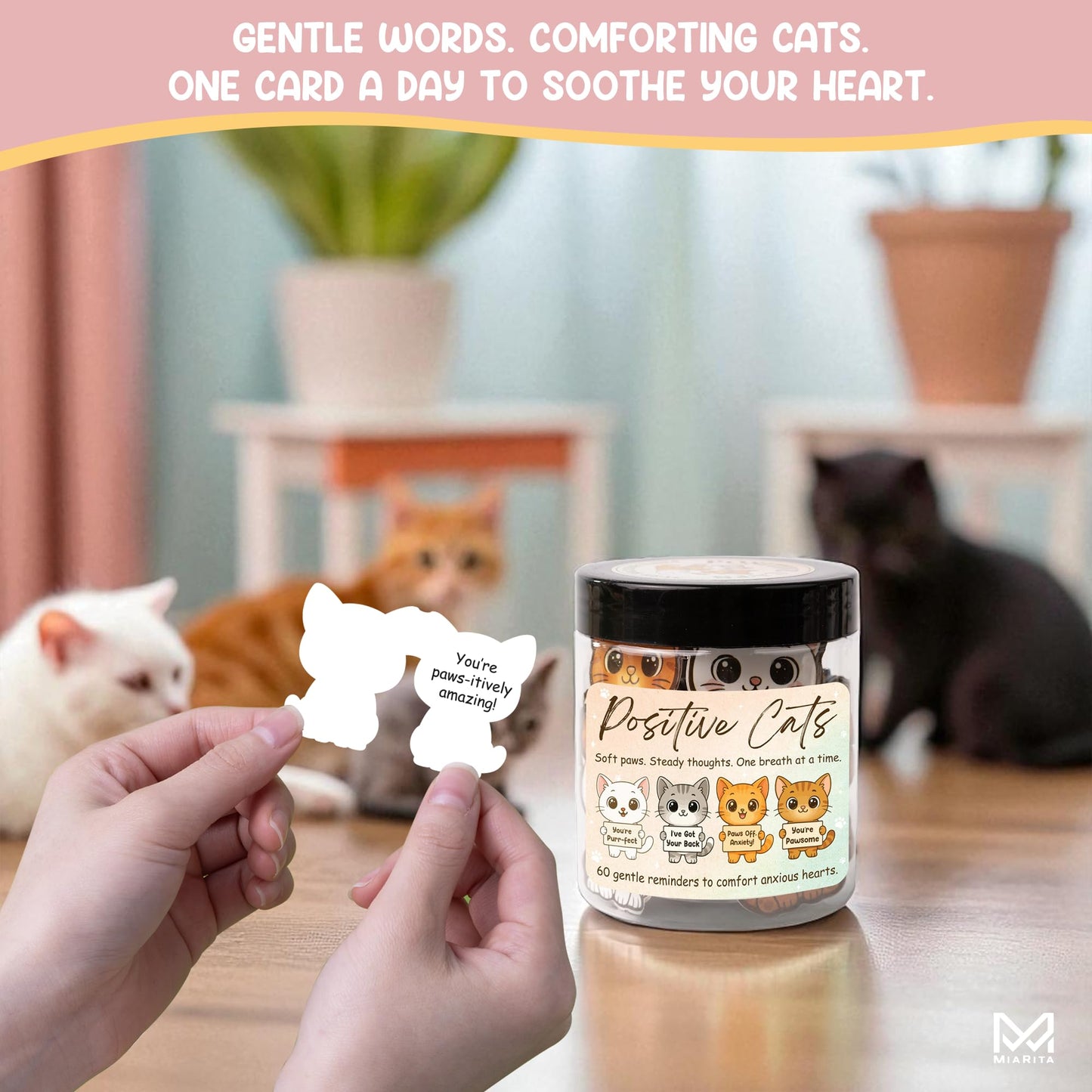 Miarita Positive Cats Jar – 60 Affirmation Cards for Anxiety & Self Care, Cat Mom Gifts For Women, Mothers Day Gifts For Cat Mom, Cat Themed Gift for Mom, Teens & Men, Kids, Coworkers
