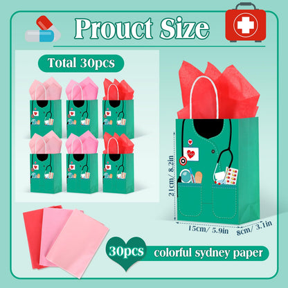 Nezyo 30 Pcs Nurse Gift Bags with 30 Wrapping Tissue Papers Nurses Appreciation Week Gifts Bags Stylish Nurse Appreciation Gifts for Thank Party Memorable Nursing Assistant Graduates Medical (Green)