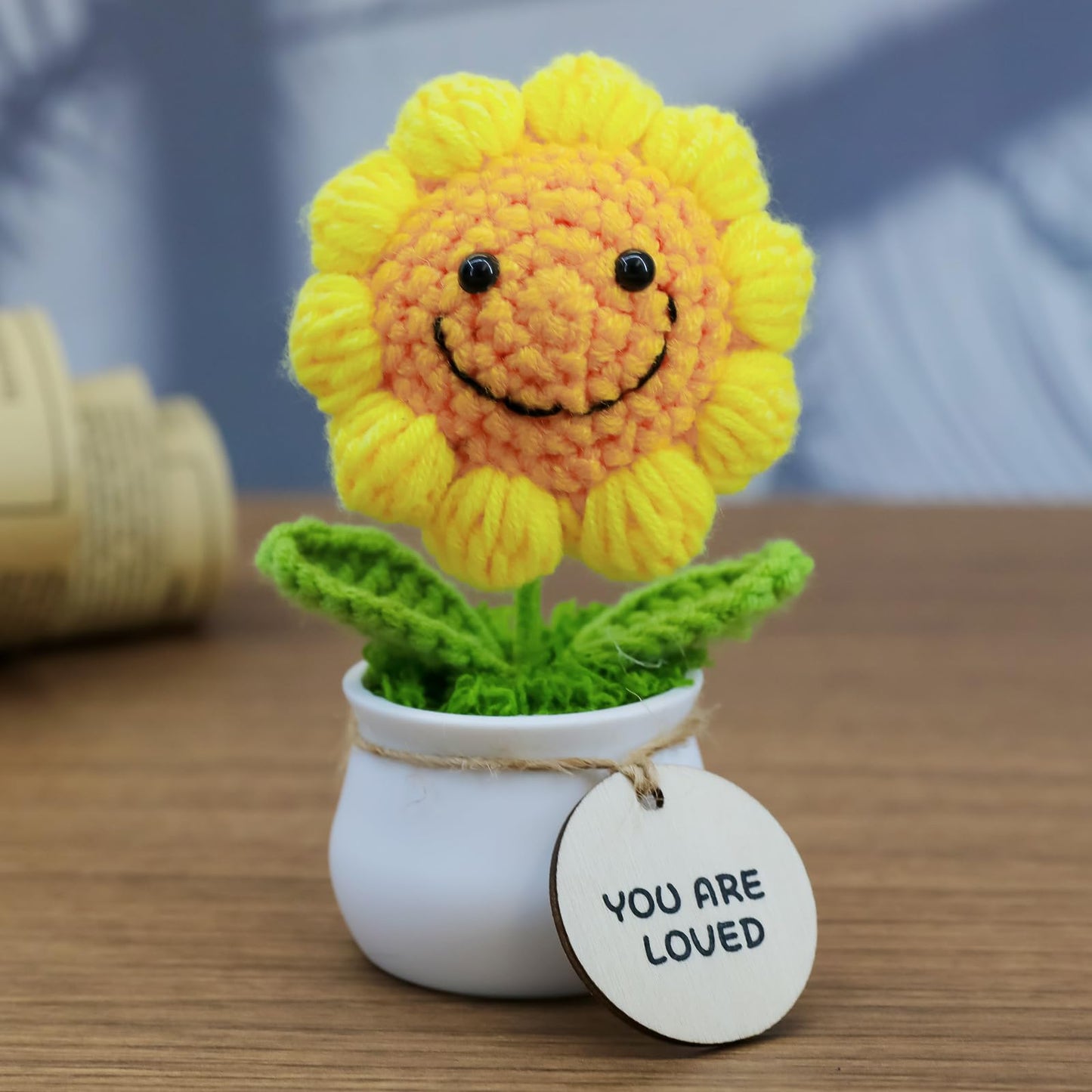 MSEHKM Encouragement Crochet Flowers with Positive Wooden Affirmations Handmade Artifical Flower Decor Ideal for Birthday/Christmas/Thank You Present (Gold Sunflower, You are Loved)