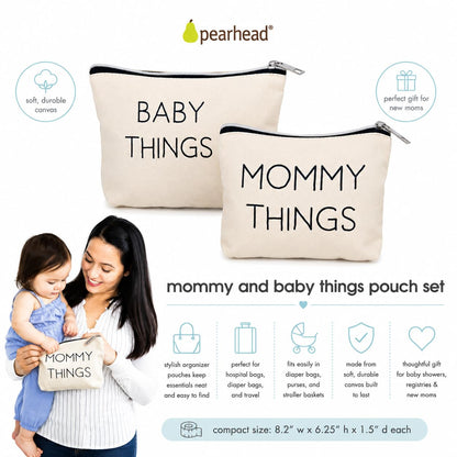 Pearhead Mommy and Baby Things Pouch Set, Canvas Zipper Organizer Bags for Diaper Bag and Travel, Cosmetic and Makeup Bag for Mom