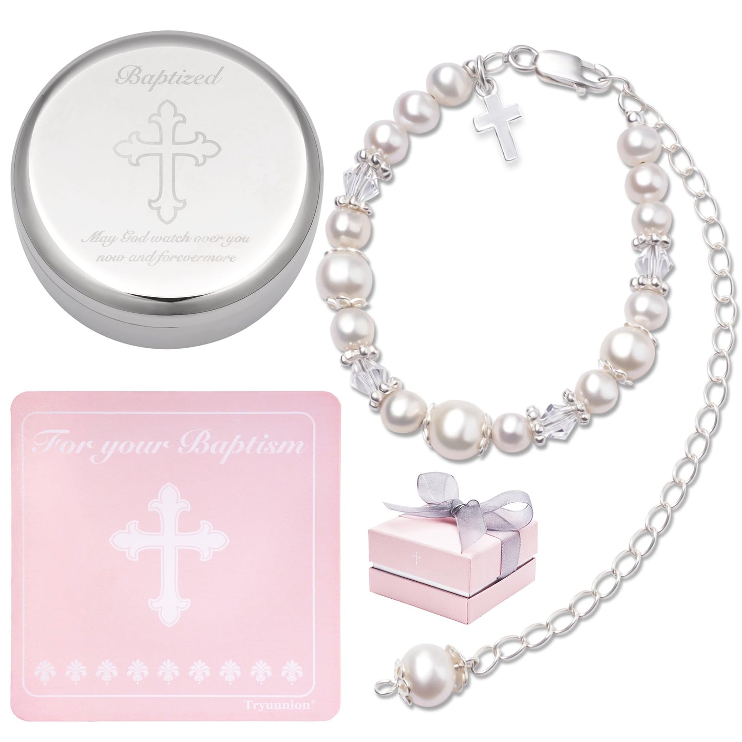 Tryuunion Baptism Bracelet in 925 Sterling Silver and Cultured Pearls for Baby Girls, with Silver-plated Jewelry Keepsake Box, Great Catholic Christening and Baptism Gifts for Girl