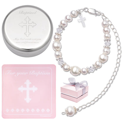Tryuunion Baptism Bracelet in 925 Sterling Silver and Cultured Pearls for Baby Girls, with Silver-plated Jewelry Keepsake Box, Great Catholic Christening and Baptism Gifts for Girl