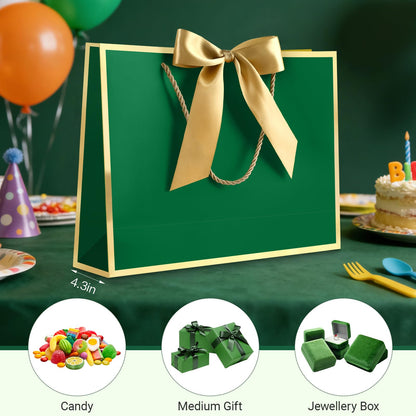 JMANNI 1PCS Gift Bag with Ribbon and 1 Greeting Card 2 Tissue Papers, Portable Paper Gift Bag with Handles for Graduation Baby Shower Wedding Fathers Day Mother's Day Birthday Party (green gold