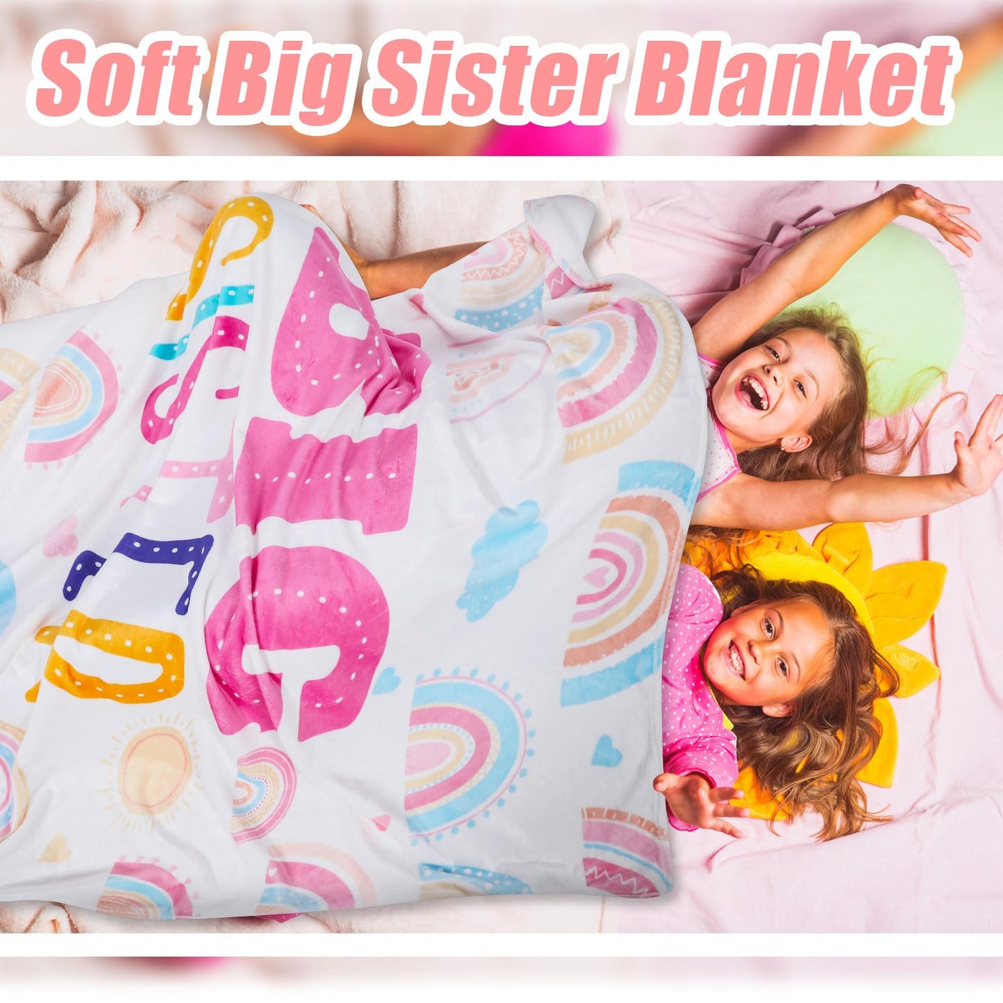 Buryeah 60" x 50" Sisters Gift Big Sister Blanket Soft Warm Flannel Throw Blanket Pastel Rainbow Sis to Be Announcement New Big Sis Gift for Baby Shower Birthday Party Supplies