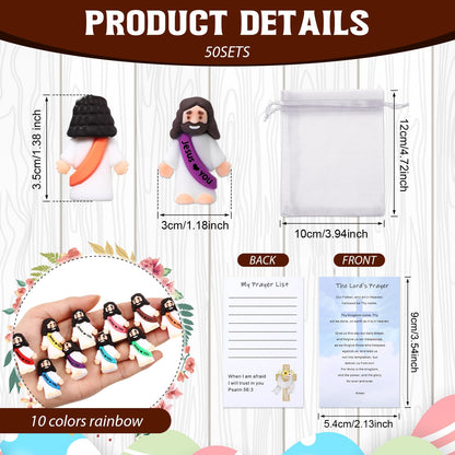 Bememo 150 Pcs Christian Gifts Bulk Bible Verse Cards Little Jesus Figures Prayer Cards Organza Bags for Easter Hunt Religious Party Favors Sunday Baptism, 50 Set(Bright Color,Love You)