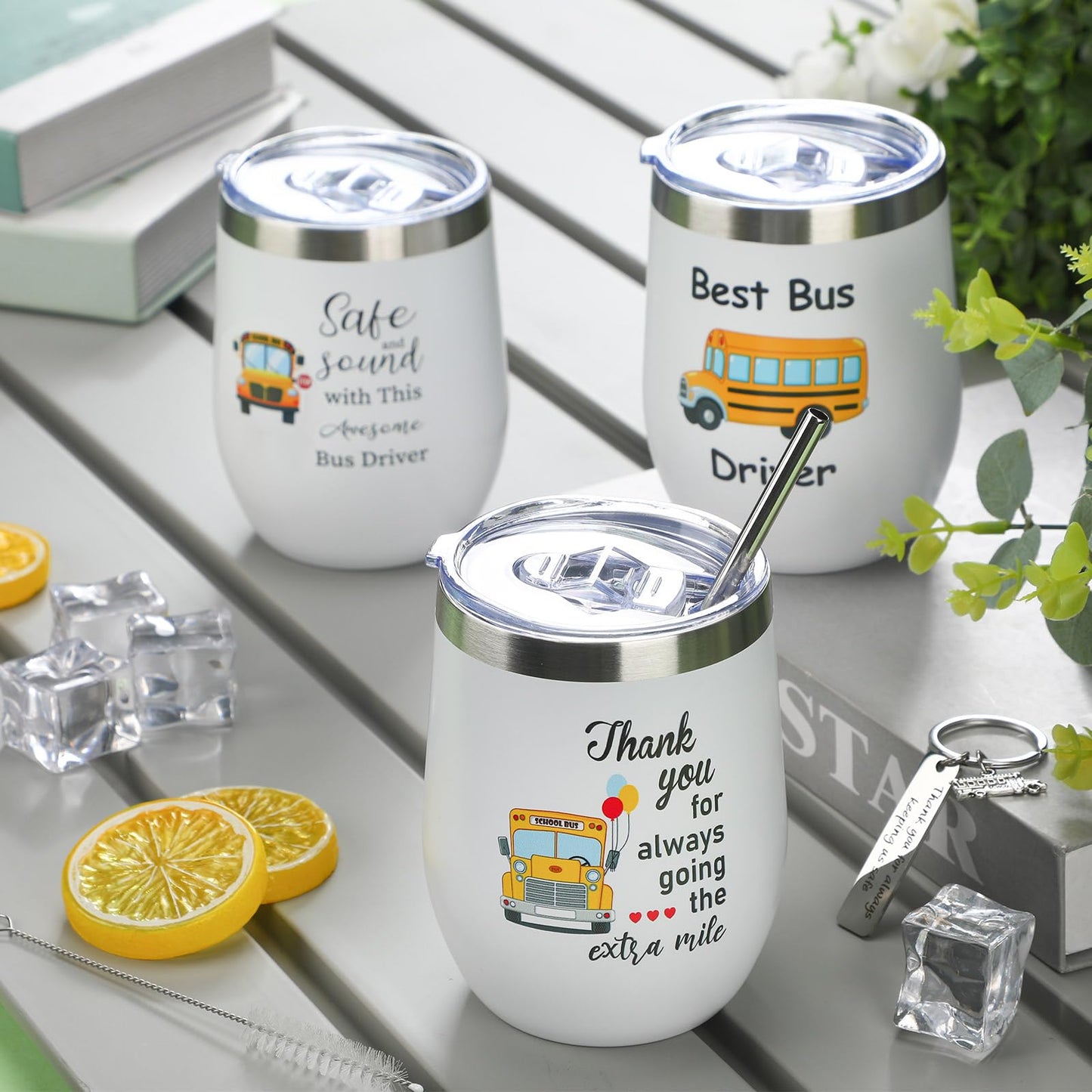 Rtteri 6 Pcs Bus Driver Appreciation Gifts for Men Women School Bus Driver Gifts 3 Stainless Steel Thank You Keychains and 3 Tumbler Cups 12 oz with Lid & Straw