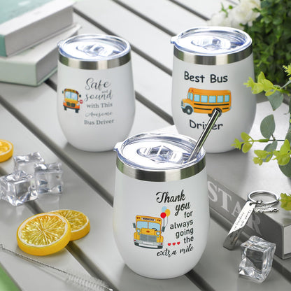 Rtteri 6 Pcs Bus Driver Appreciation Gifts for Men Women School Bus Driver Gifts 3 Stainless Steel Thank You Keychains and 3 Tumbler Cups 12 oz with Lid & Straw