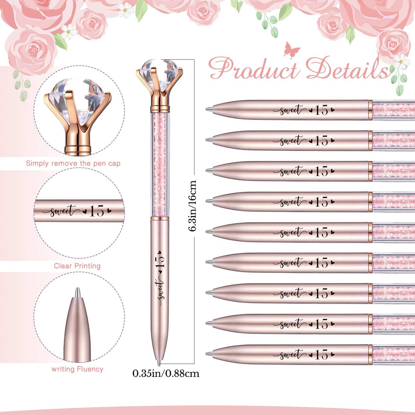 Sayglossy 50 Sets Quinceanera Party Favors Sweet 15th Thank You Gifts Diamond Pens with Thank You Cards Retractable Ballpoint Bling Pens 15 Birthday Gifts for Guests (Rose Gold)