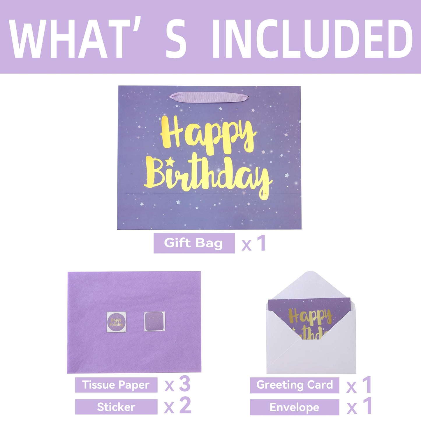 Qirrmiy 13” Large Purple Happy Birthday Gift Bag Set with Handles, Greeting Card, Lavender Tissue Papers and Stickers for Women Girls Kids, Stars Design, 1 Pcs.
