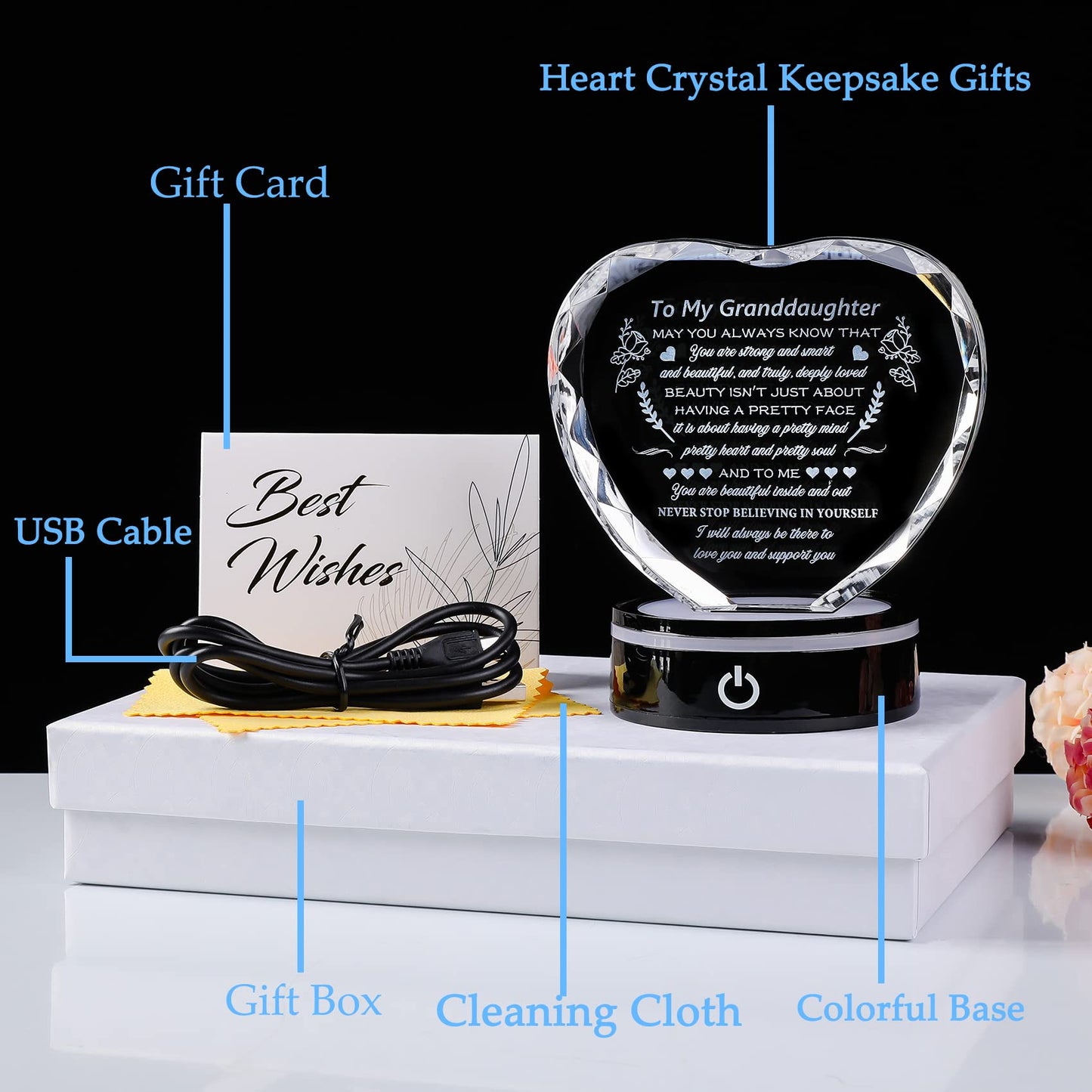 YWHL Granddaughter Gifts from Grandma Graduation Birthday Gifts for Granddaughter Heart Crystal to My Granddaughter Keepsakes Gift with Colorful Base on Wedding Back to School Valentine Christmas