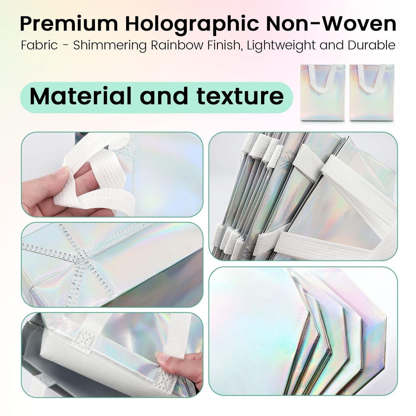 24 Pack Holographic Gift Bags With White Handles Non Woven Reusable Handled Gift Bags Iridescent Tote Bags Glossy Welcome Bags for Shopping Birthday Party Wedding, 8 x 4 x 10 Inch