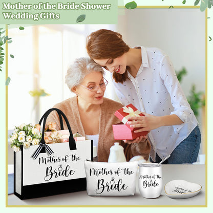 FoldTier 4 Pieces Mother of the Bride Bags Bridal Shower Gifts for Wedding Canvas Tote Bag for Mother of the Bride with Makeup Bag Tumbler Cup Mother Jewelry Tray Bridal Ring Holder for Wedding