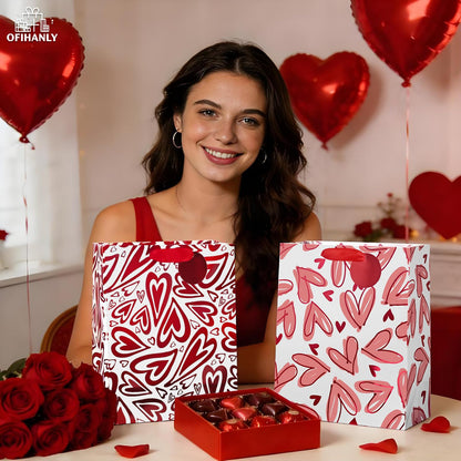 OFIHANLY 2 Pack 12.6" Medium Size Happy Valentine's Day Gift Bags with Handles for Women Her Red Heart Paper Gift Wrap Bags with Tissue Paper for Kids