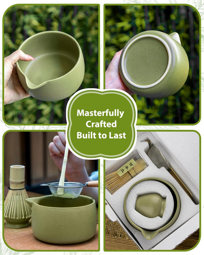 20OZ Matcha Whisk Set - 5PCS Japanese Tea Set Includes Matcha Bowl with Spout, Bamboo Whisk with Ceramic Holder, Bamboo Scoop and Sifter, Matcha Kit for Ceremony, Gift for Matcha Lovers (Matcha Green)