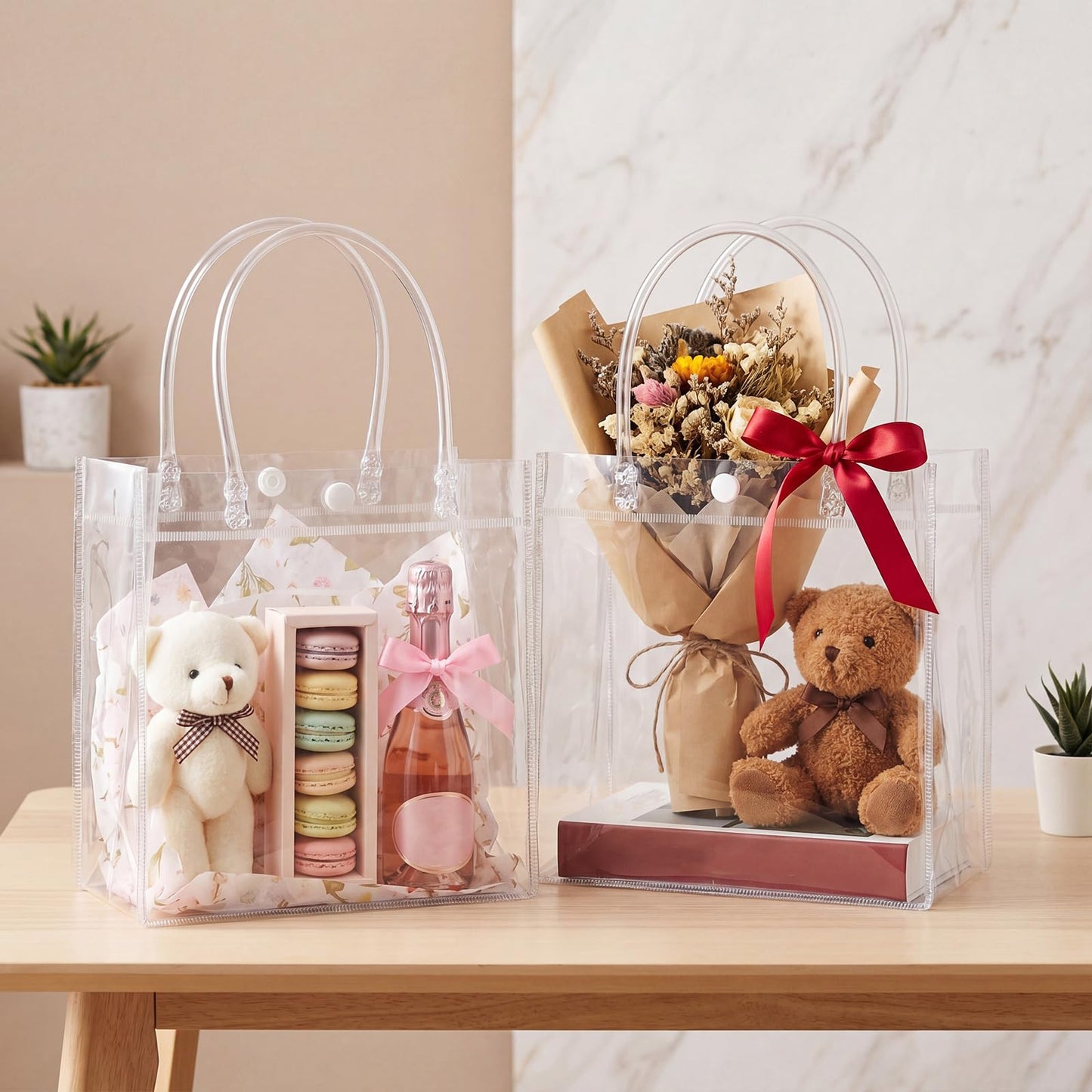 Saintrygo 50 Pcs Clear Plastic Gift Bags with Handles PVC Reusable Party Favour Plastic Gift Bag Transparent Goodie Bag Bulk for Gifts Wedding Birthday Graduation Mother's Day(5.9 x 6.3 x 2.8 Inches)