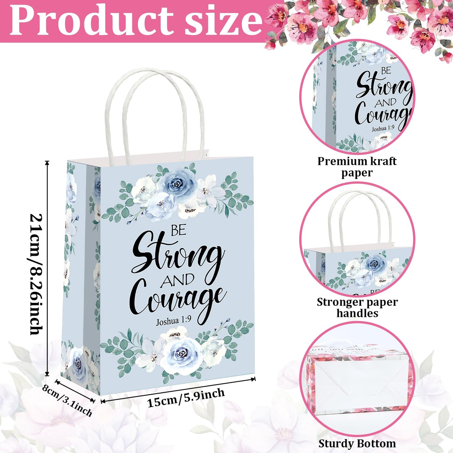 24Pcs Religious Christian Gift Bags Spring Classic Bible Verse Floral Paper Bags Inspirational Motivational Flower Treat Bag with Tissues Christian Church Gifts for Women Wedding Baptism Birthday Part