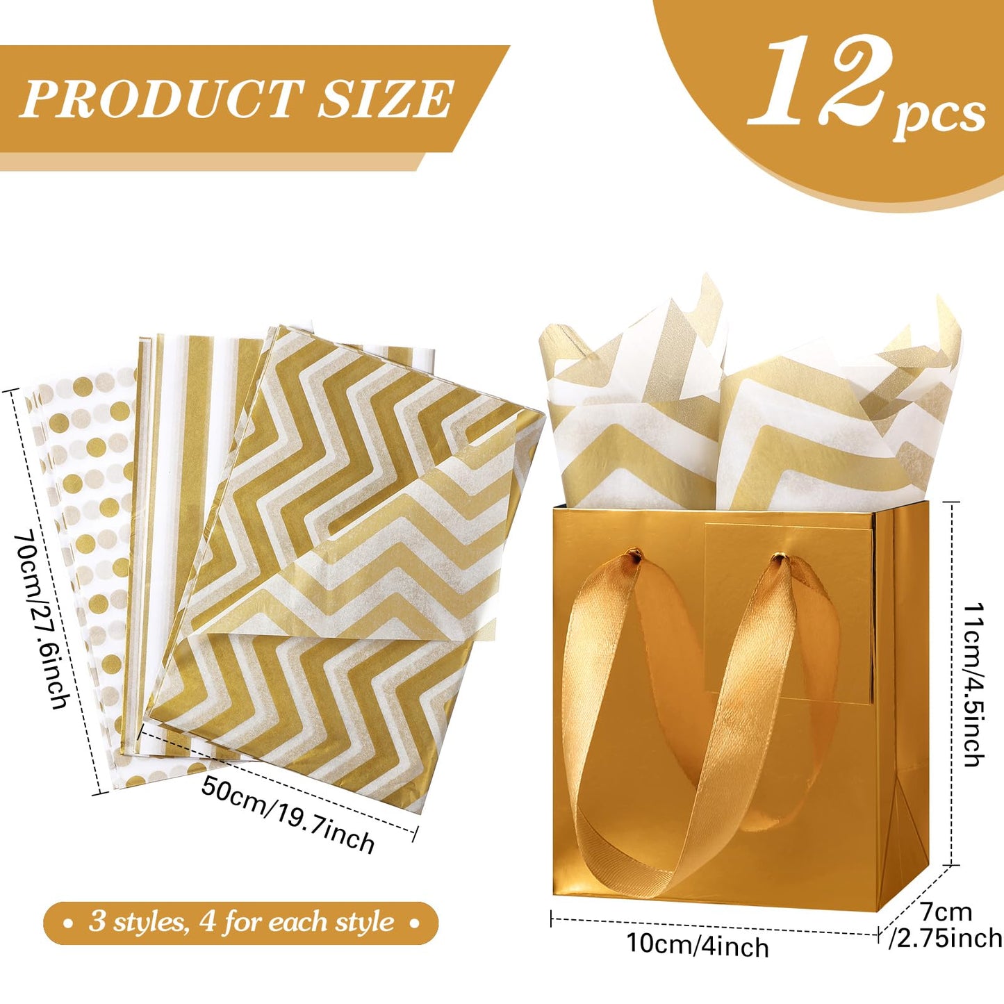 Tenare 12 Pcs Small Gift Bags Mini Paper Bags Bulk Tiny with Handle Tissue for Jewelry Gift Wrapping Father's Day Birthday Grad Graduation Party Supply(4 * 2.75 * 4.5inch,Gold)