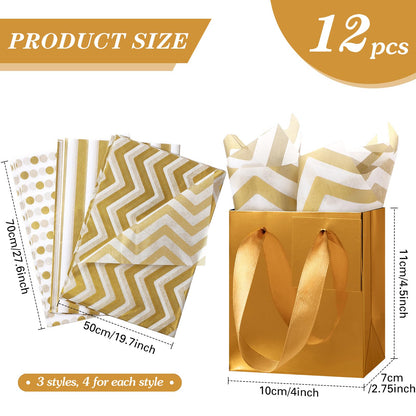 Tenare 12 Pcs Small Gift Bags Mini Paper Bags Bulk Tiny with Handle Tissue for Jewelry Gift Wrapping Father's Day Birthday Grad Graduation Party Supply(4 * 2.75 * 4.5inch,Gold)