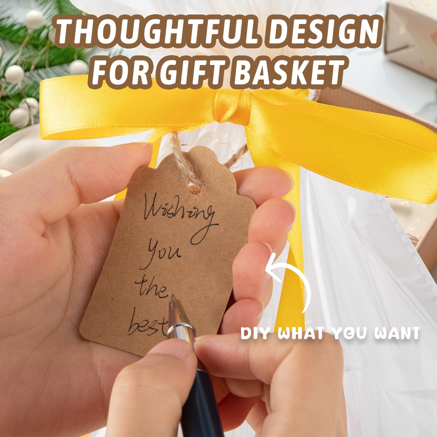 OIAHOMY Small Woven Basket with Gift Bags, Ribbons & DIY Label Card, Baskets for Gifts Empty, Small Rope Basket 12 * 8 * 5IN, Cute Decorative baskets with Handles for Baby Pets, Toys, Black