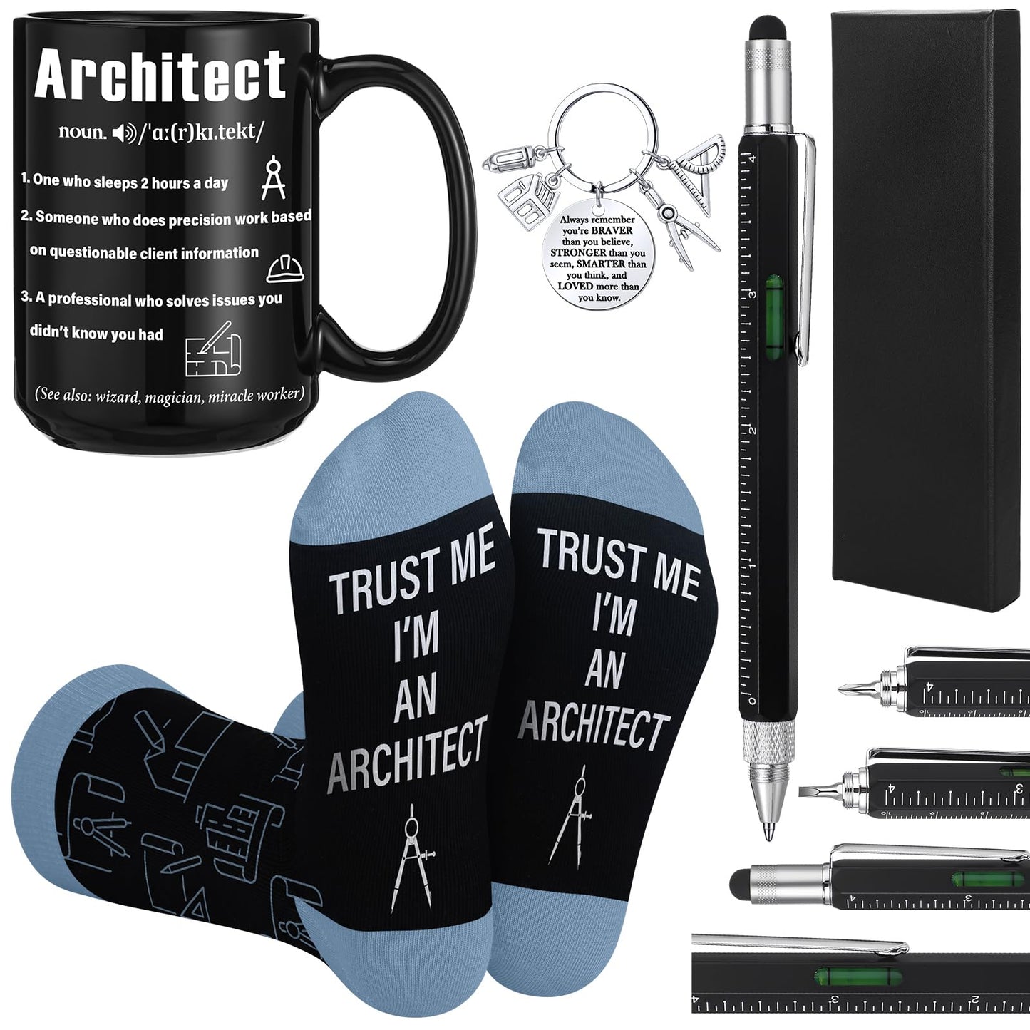 Panitay Architecture Gifts Set for Men 9 in 1 Multi Tool Pen 14 oz Architecture Coffee Mug Keychain Sock Gadget Birthday Retirement Christmas Gift for Father Mechanical Electrical