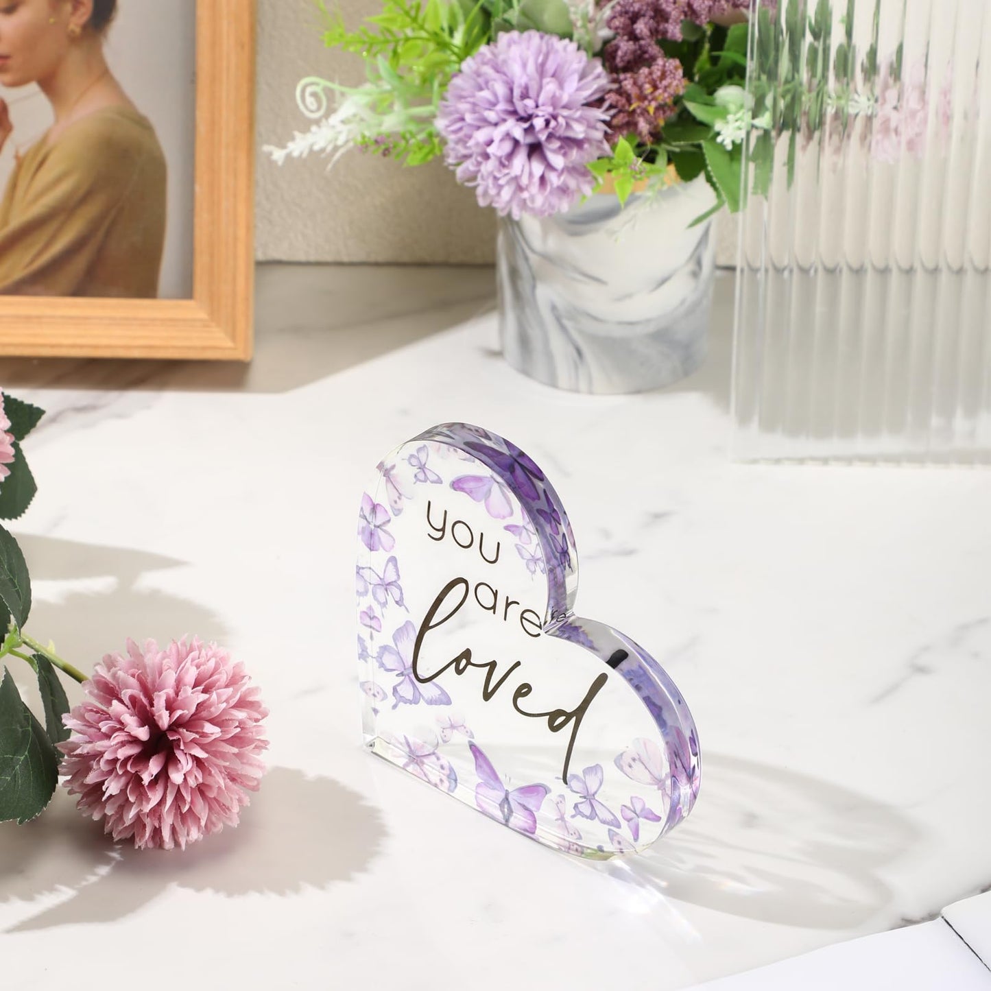 Yulejo Inspirational Butterfly Gift You Are Loved Decor Acrylic Heart Shaped Keepsake with Rustic Purple Butterflies for Coworker Teacher Lady Employee Appreciation Office Summer Gift