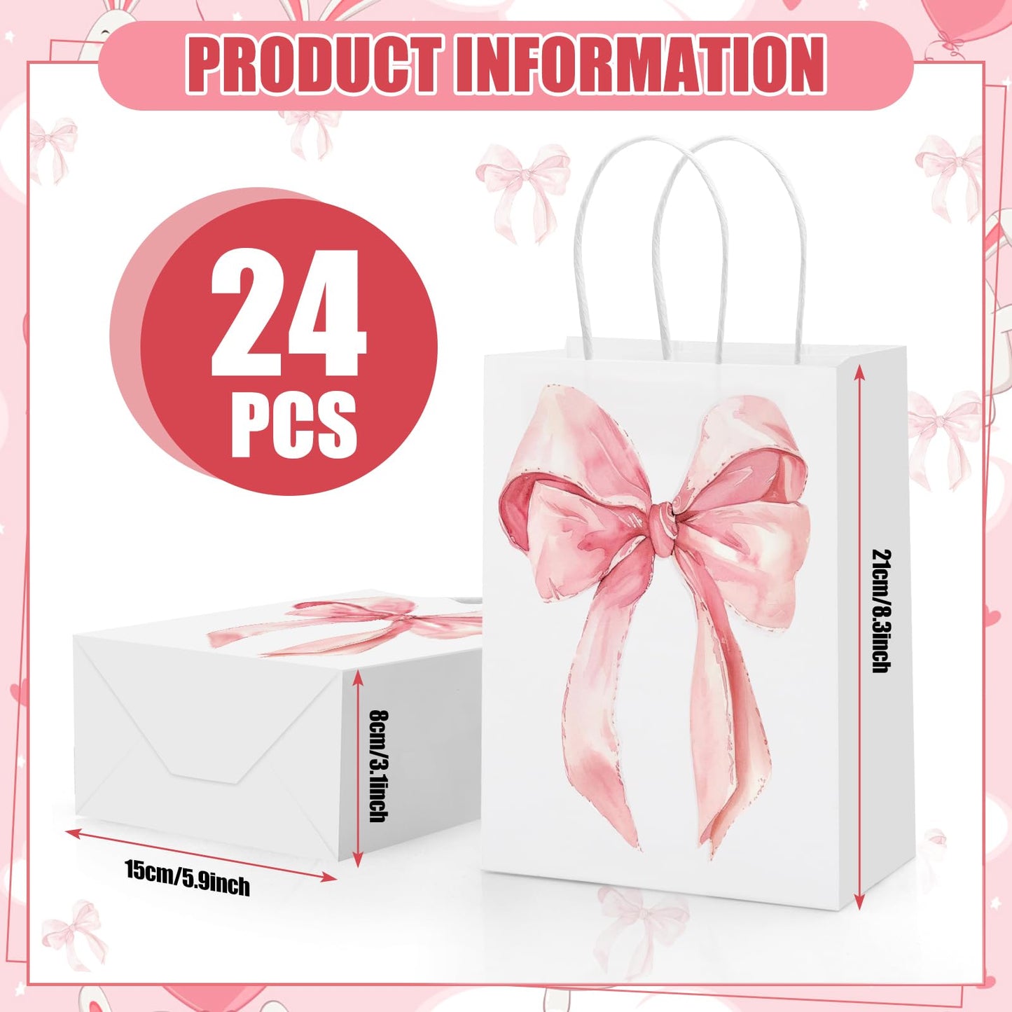 Draupnir 24PCS Coquette Pink Bow Paper Gift Bags, Party Favor Bags, Pink Goodie Bags for Birthday&Bachelorette Party Decoration Coquette Bow Gift Pouches with Handles 8.3x5.9x3.1 Inch