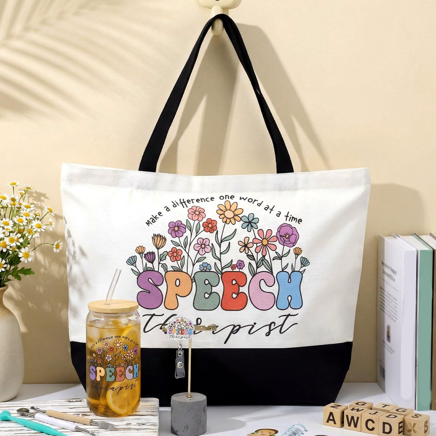 Kacctyen 3 Pcs Speech Therapist Gift for Women Speech Language Pathologist Appreciation Gifts Slp Therapy Tote Bag Badge Reel 17 oz Glass Cups with Lids and Straws for Birthday Retirement Holiday