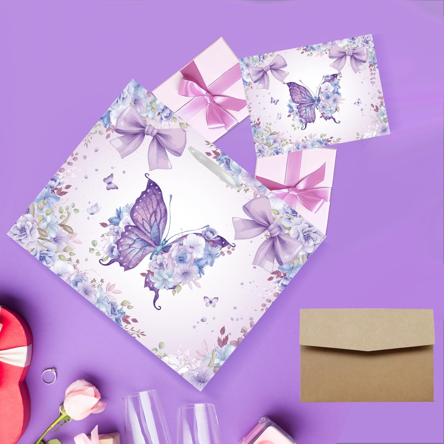 SolarGlory Large Butterfly Birthday Gift Bag with Card & Tissue Paper – Purple Happy Birthday Party Favors for Women, Girls, Baby Shower, Bachelorette Theme Party Decorations