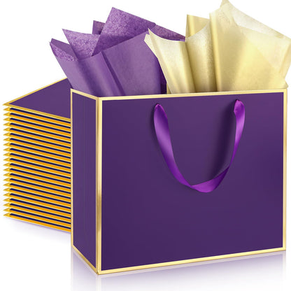 ReliThick 12 Pack Metallic Paper Gift Bag with Handles and Tissue Paper 11.8 x 10 x 4'' Thank You Favor Bag for Graduation Mother's Day Wedding Bridesmaid Groomsman 5 Senses Gifts (Dark Purple,Gold)