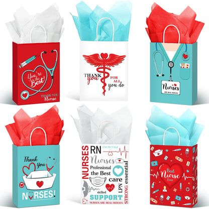 Sabary 24 Pcs Nurse Gift Bags 9 x 7 Inch, Nursing Graduation Party Thank You Nurse Paper Goodie Bags with Tissue Paper Decor for Medical Themed Birthday RN Nursing Graduation Party Favor Supplies