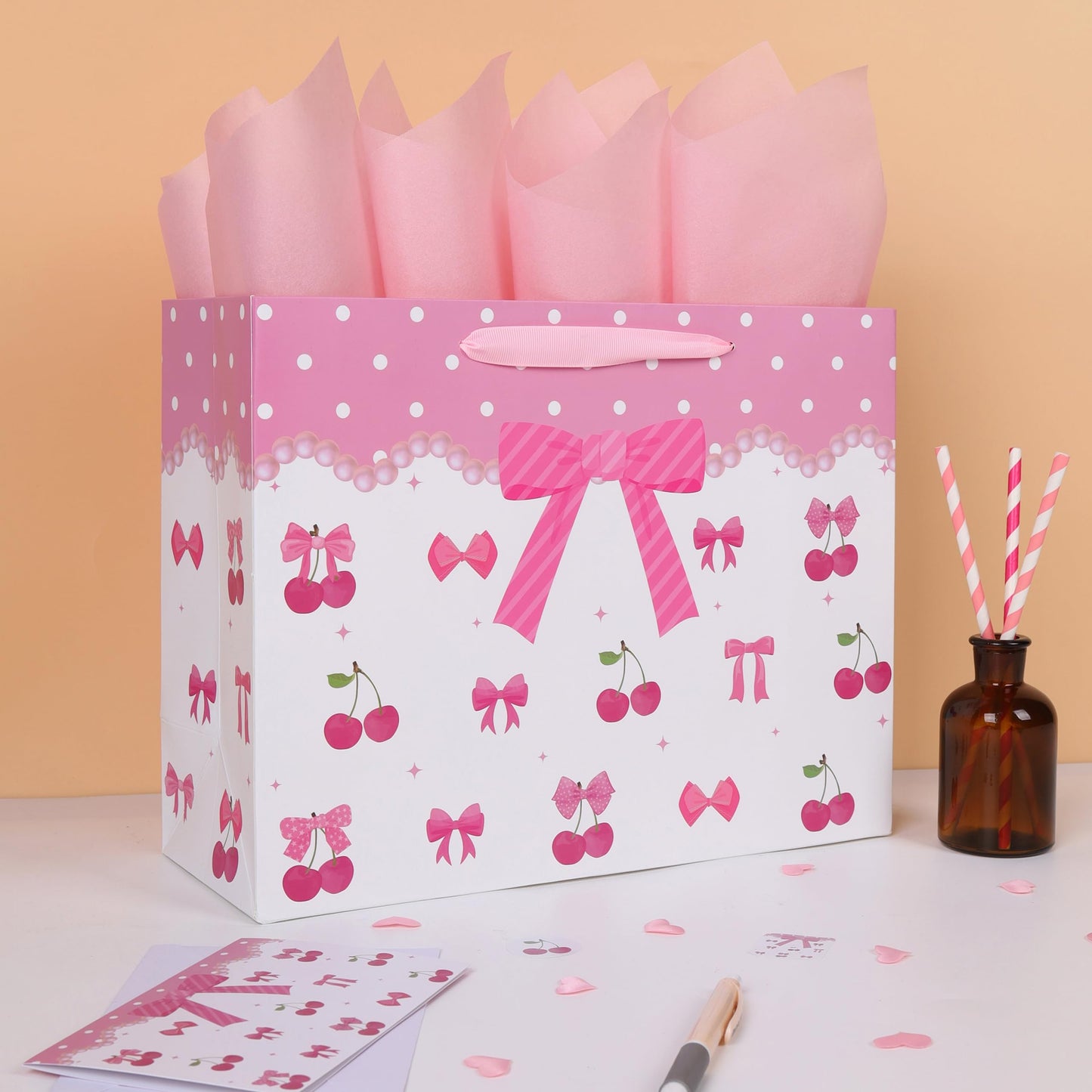 13'' Large Red Bow Gift Bag Set with Handles, Greeting Card, Pink Tissue Papers and Stickers for Women Girls for Birthday, Wedding, Bridal Shower, Baby Shower, Red Bow Design, 1 Pcs