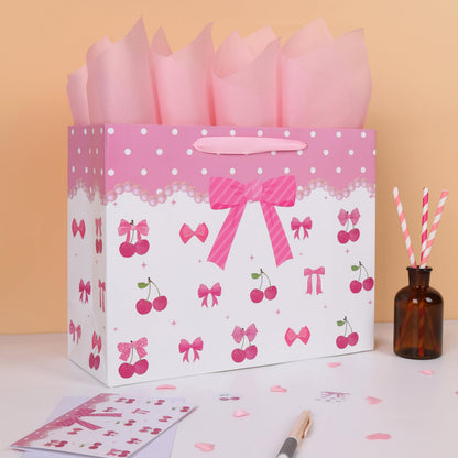 13'' Large Red Bow Gift Bag Set with Handles, Greeting Card, Pink Tissue Papers and Stickers for Women Girls for Birthday, Wedding, Bridal Shower, Baby Shower, Red Bow Design, 1 Pcs
