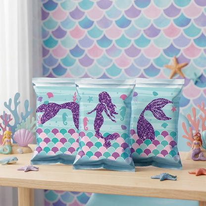 Marspark 36 Pcs Large Size Mermaid Birthday Stickers for Chip Bag 3 Style Mermaid Sticker Party Supplies for Ocean Under the Sea Birthday Snack Goodie Bags Gifts and Decorations, 4 x 3.5 Inches