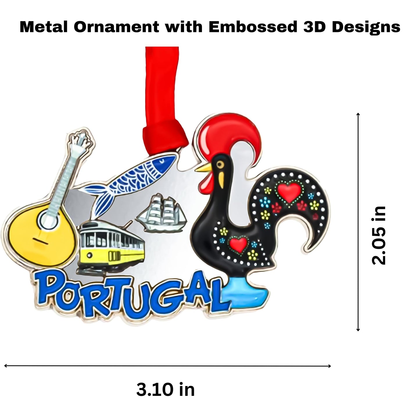 Portugal Christmas Ornament, Portugal Gift, Souvenir for Portugal Lovers and Travelers, Metal Ornament with Raised 3D Symbols, Packaged in a Gift Box