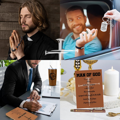 JTAMOHI 10 Pcs Christian Gifts for Men, Inspirational Religious Catholic Faith Spiritual Gift with 20 Oz Tumbler Hat Socks Bible Verses Leather Journal Pen Keychain for Dad, Husband, Grandpa, Friends