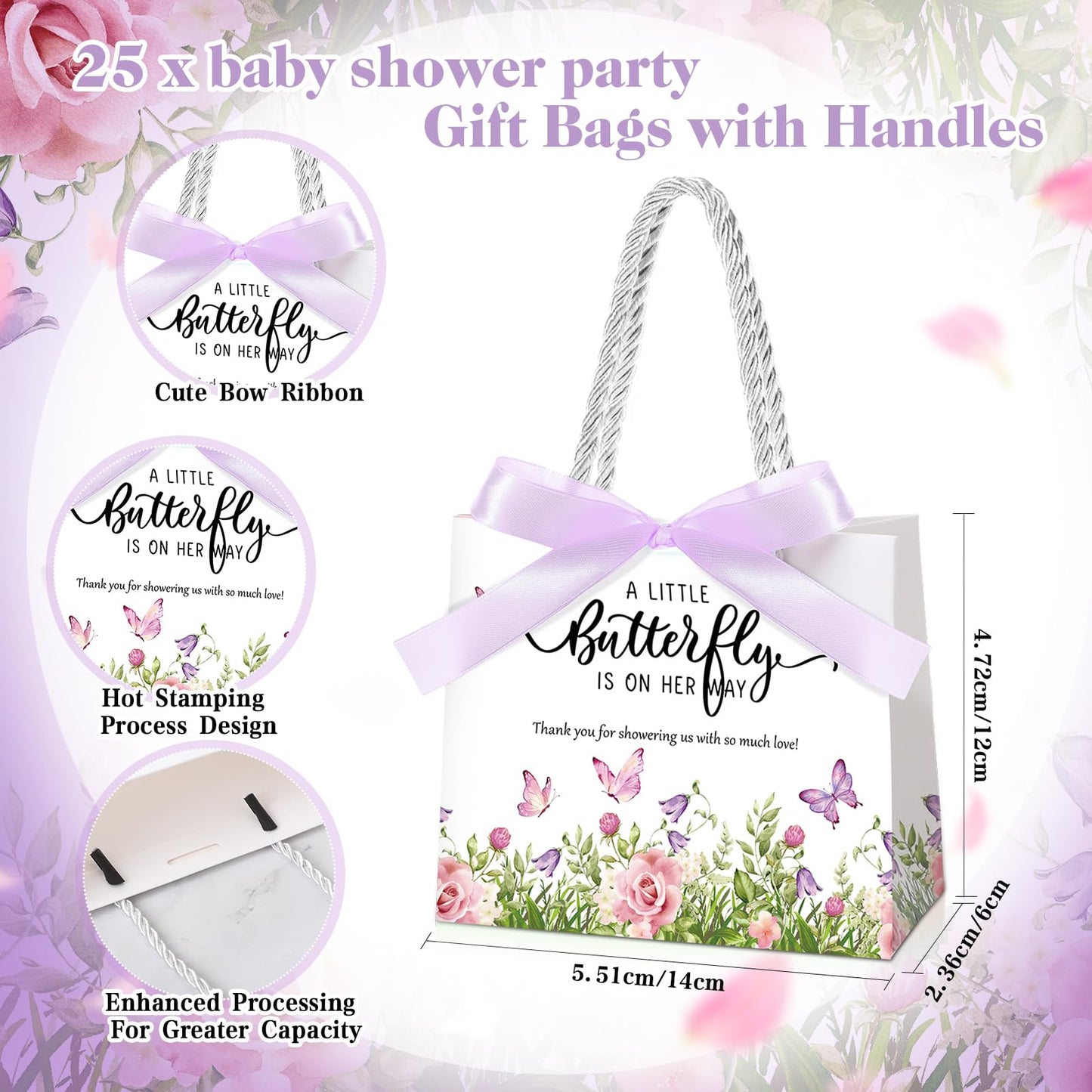 Spakon 25 Pack Butterfly Baby Shower Favors Gift Bags Goodie Bags with Handles and Bow Ribbon for Baby Shower Return Gift