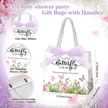 Spakon 25 Pack Butterfly Baby Shower Favors Gift Bags Goodie Bags with Handles and Bow Ribbon for Baby Shower Return Gift