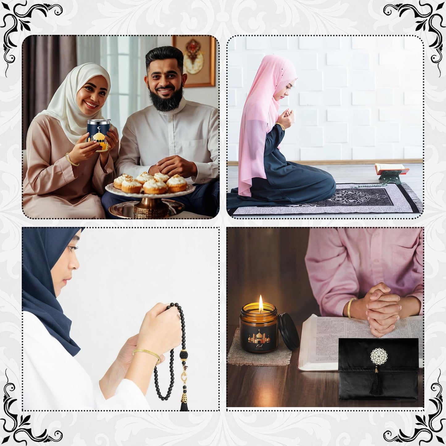 Geiserailie 8 Pcs Islamic Ramadan Eid Gifts Set Include Prayer Rug with Prayer Bead and Portable Bag Quran Metal Bookmark Tumbler Scented Candle Bracelet Box for Men Women Eid Holidays New Year Gifts