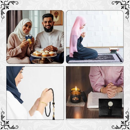 Geiserailie 8 Pcs Islamic Ramadan Eid Gifts Set Include Prayer Rug with Prayer Bead and Portable Bag Quran Metal Bookmark Tumbler Scented Candle Bracelet Box for Men Women Eid Holidays New Year Gifts