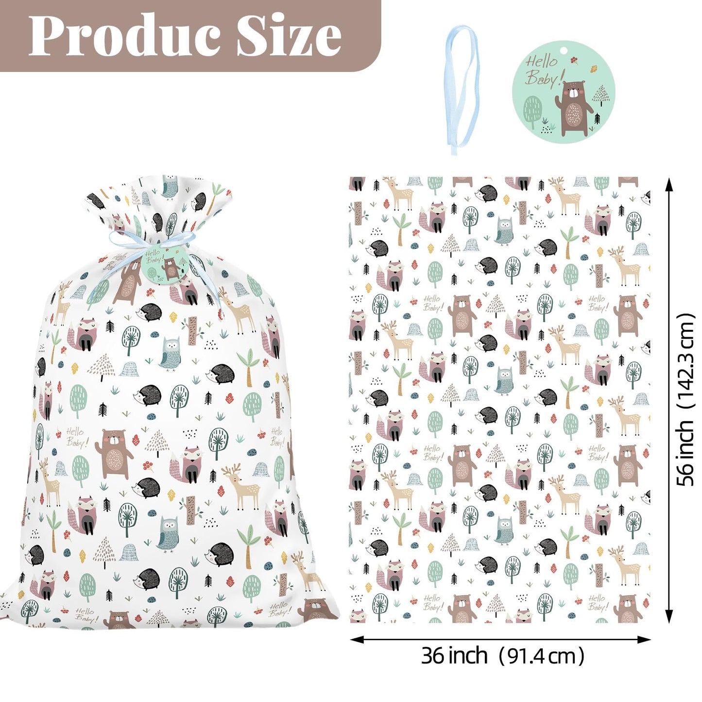 56" Extra Large Baby Shower Plastic Gift Bag, Jumbo Gift Bag with Woodland Animal Design for Girls, Boys and Newborn Parties or Celebration