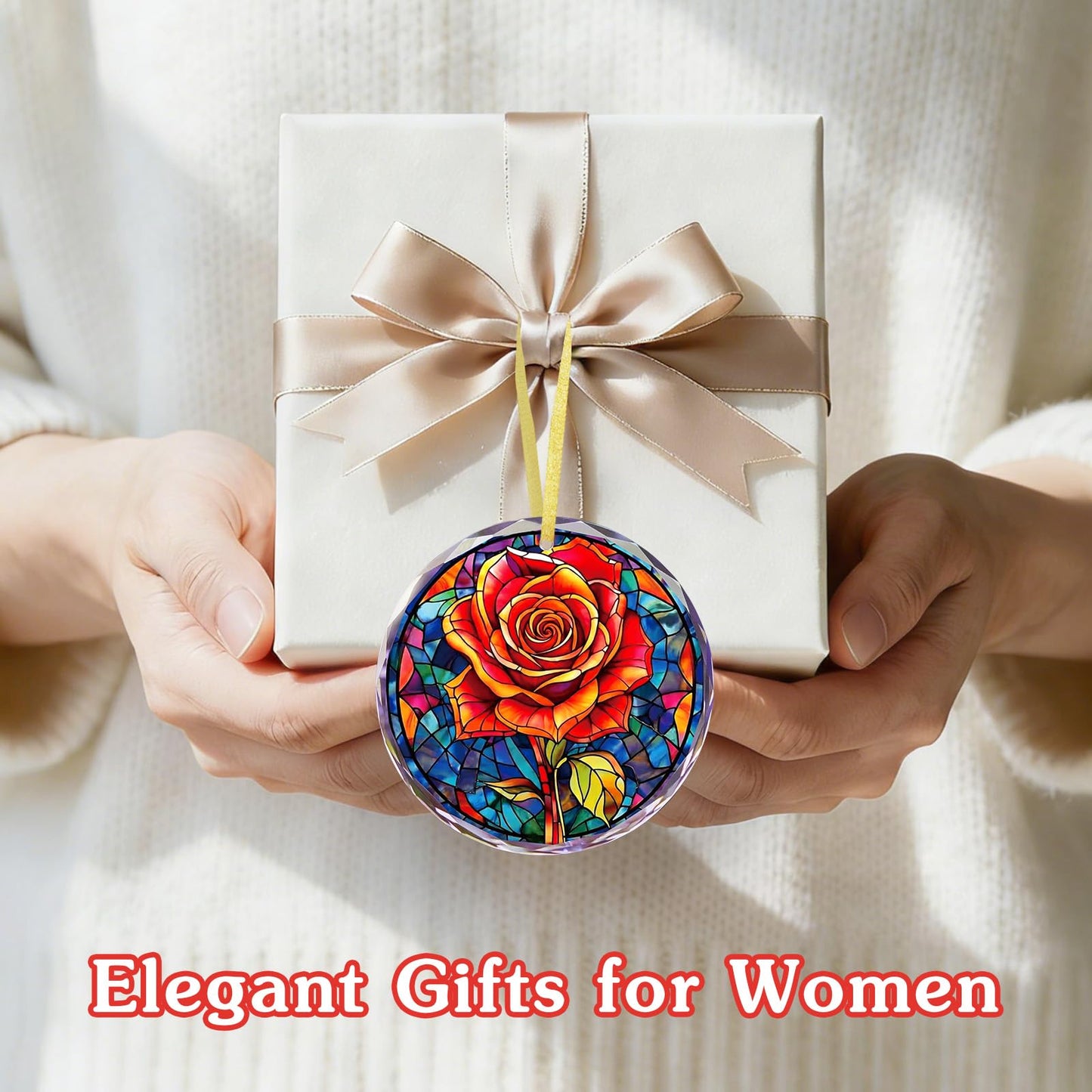 FLYAB Red Rose Valentines Day Gifts for Girlfriend Her Wife Women - Flower Valentine Ornaments for Tree Deorations, Glass Red Rose Window Suncatcher, Anniversary Wedding Gifts