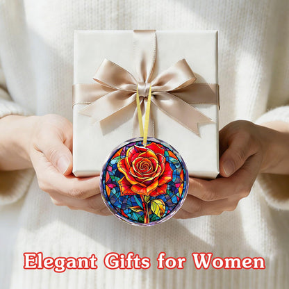 FLYAB Red Rose Valentines Day Gifts for Girlfriend Her Wife Women - Flower Valentine Ornaments for Tree Deorations, Glass Red Rose Window Suncatcher, Anniversary Wedding Gifts