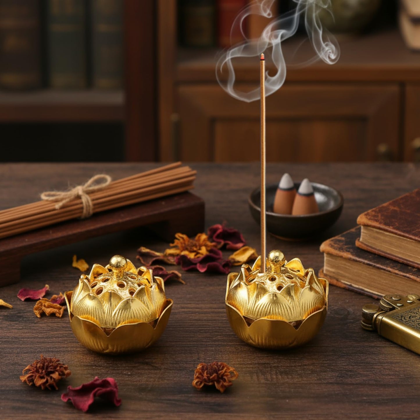 30 Pcs Return Gifts for Pooja Incense Holder Indian Return Gifts Lotus Flower Incense Burner Holder Sticks Cone Burner Ash Catcher with Lid for Pooja Indian Wedding Party Supplies(Golden)
