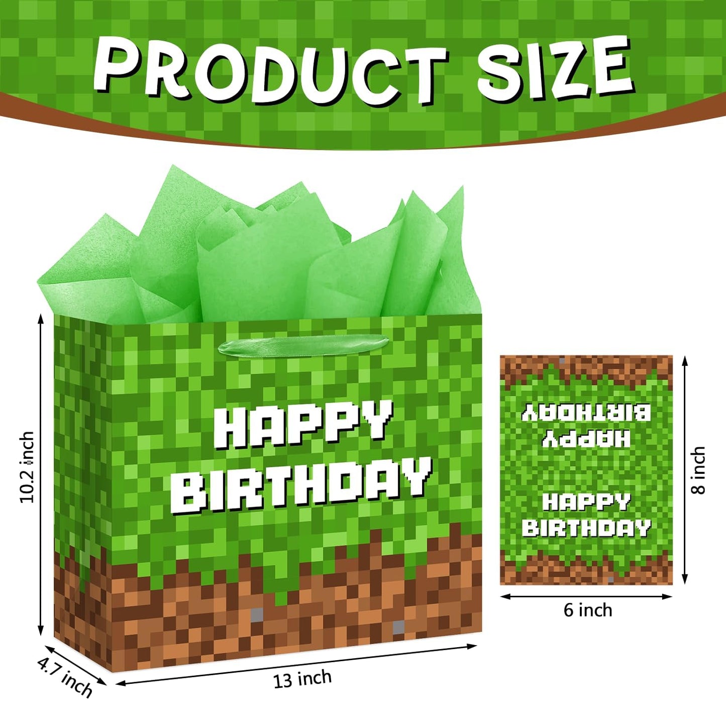 13" Large Green and Brown Pixel Birthday Gift Bag with Tissue Paper and Greeting Card Pixel Miner Theme Party Favor Bags Video Game Party for Boys Girls Kids Teenagers Birthday Decor