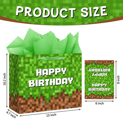 13" Large Green and Brown Pixel Birthday Gift Bag with Tissue Paper and Greeting Card Pixel Miner Theme Party Favor Bags Video Game Party for Boys Girls Kids Teenagers Birthday Decor