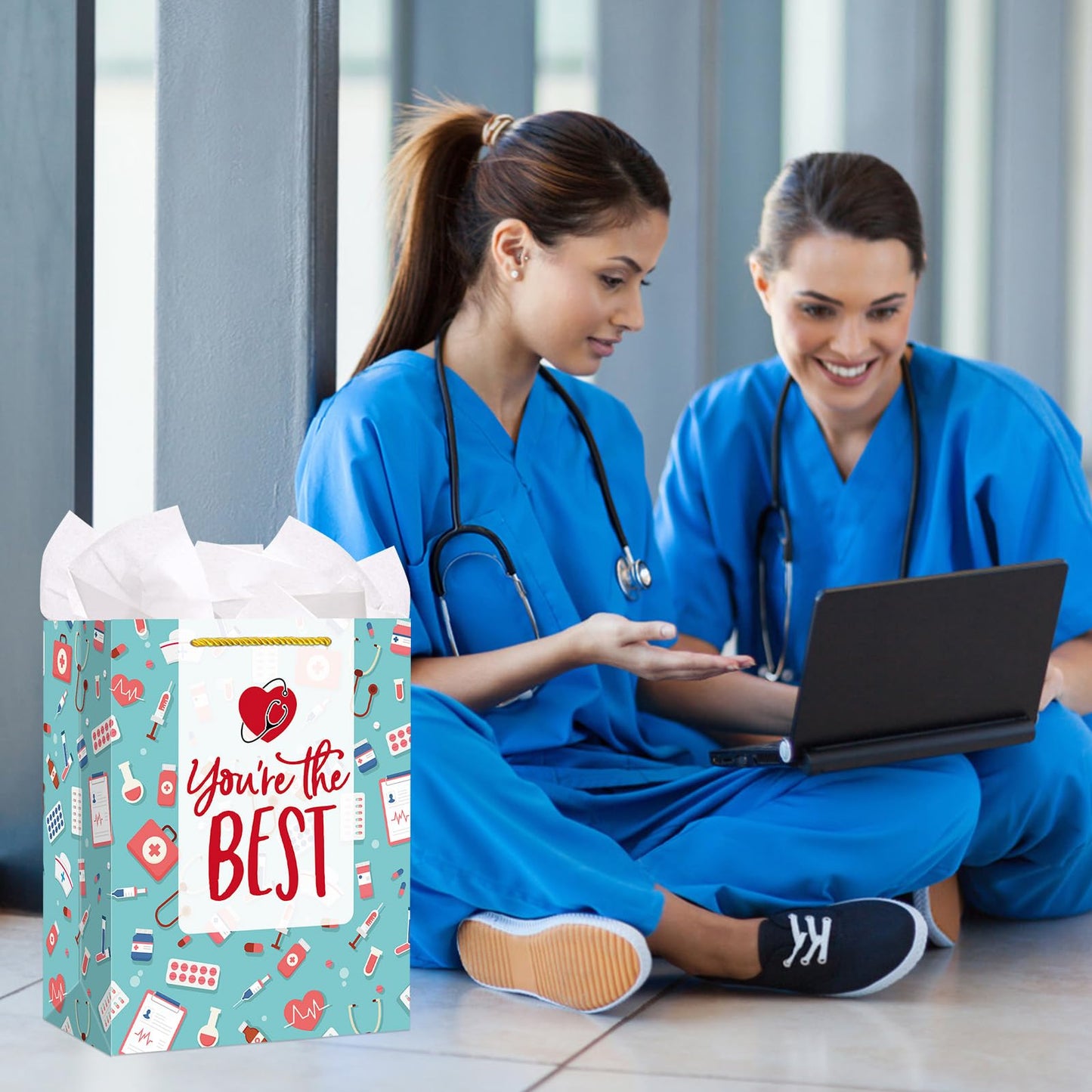 FaCraft Nurse Graduation Gifts Bag - 13" Large Nurse Gift Bags with Tissue Paper for Women Men New Nurses Nursing School Graduation Gift for Her Him Graduates New Nursing Student Medical School Party
