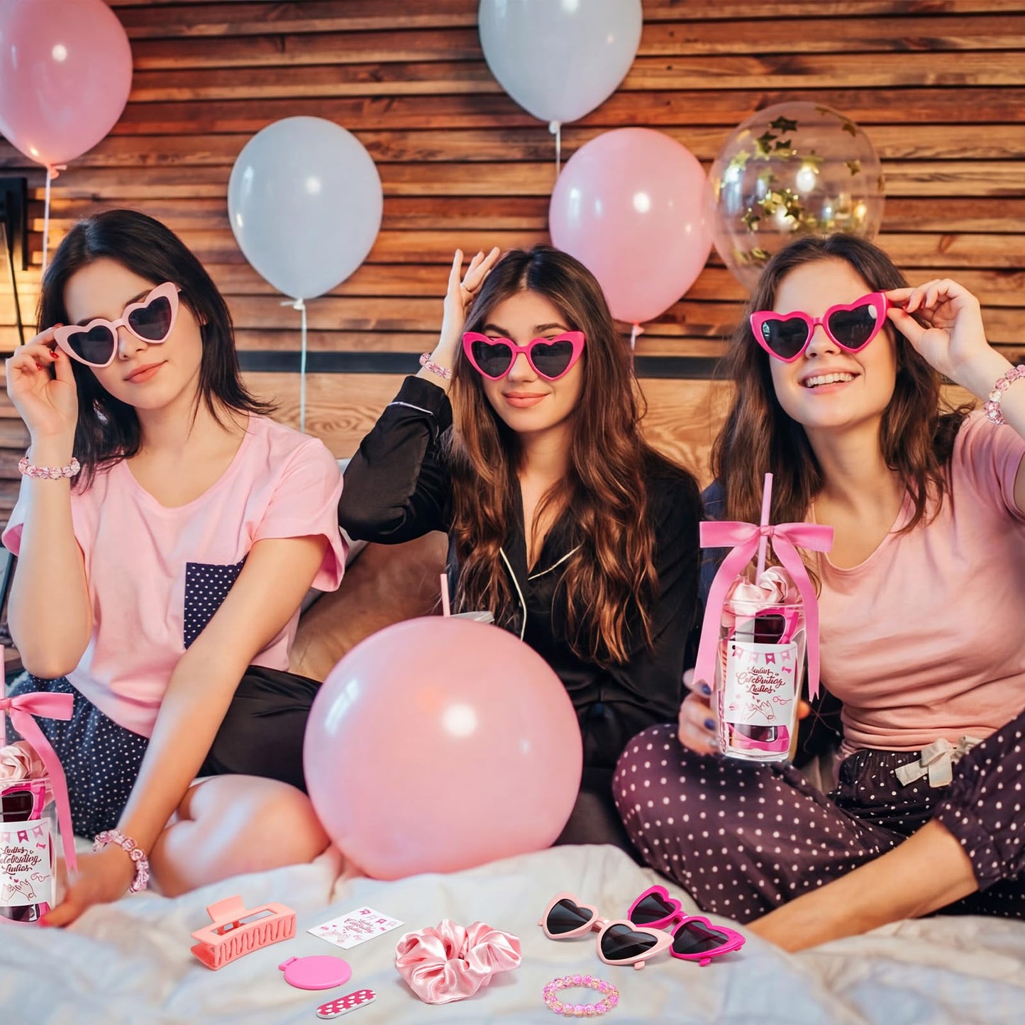 60 Pcs Galentine's Day Gift Include Pink Scrunchies Hair Clips Heart Sunglasses Bracelets Compact Mirrors Nail File Gift Cups and Straw Greeting Cards for Women Friend Bestie Valentine Party Favors