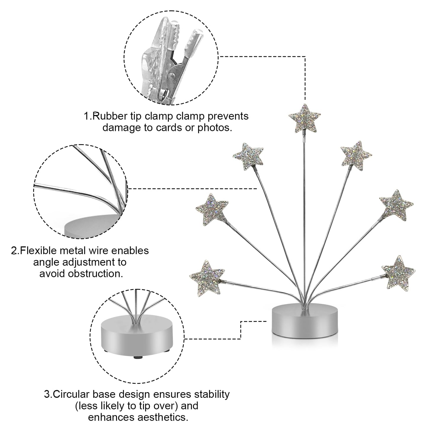 7-Branch Family Desktop Photo Tree Holder Clip Round Base, Card Picture and Memo Desk Frame Display Stand for Wedding Party Christmas Photo Clip Holder Table Numbers (Stars)