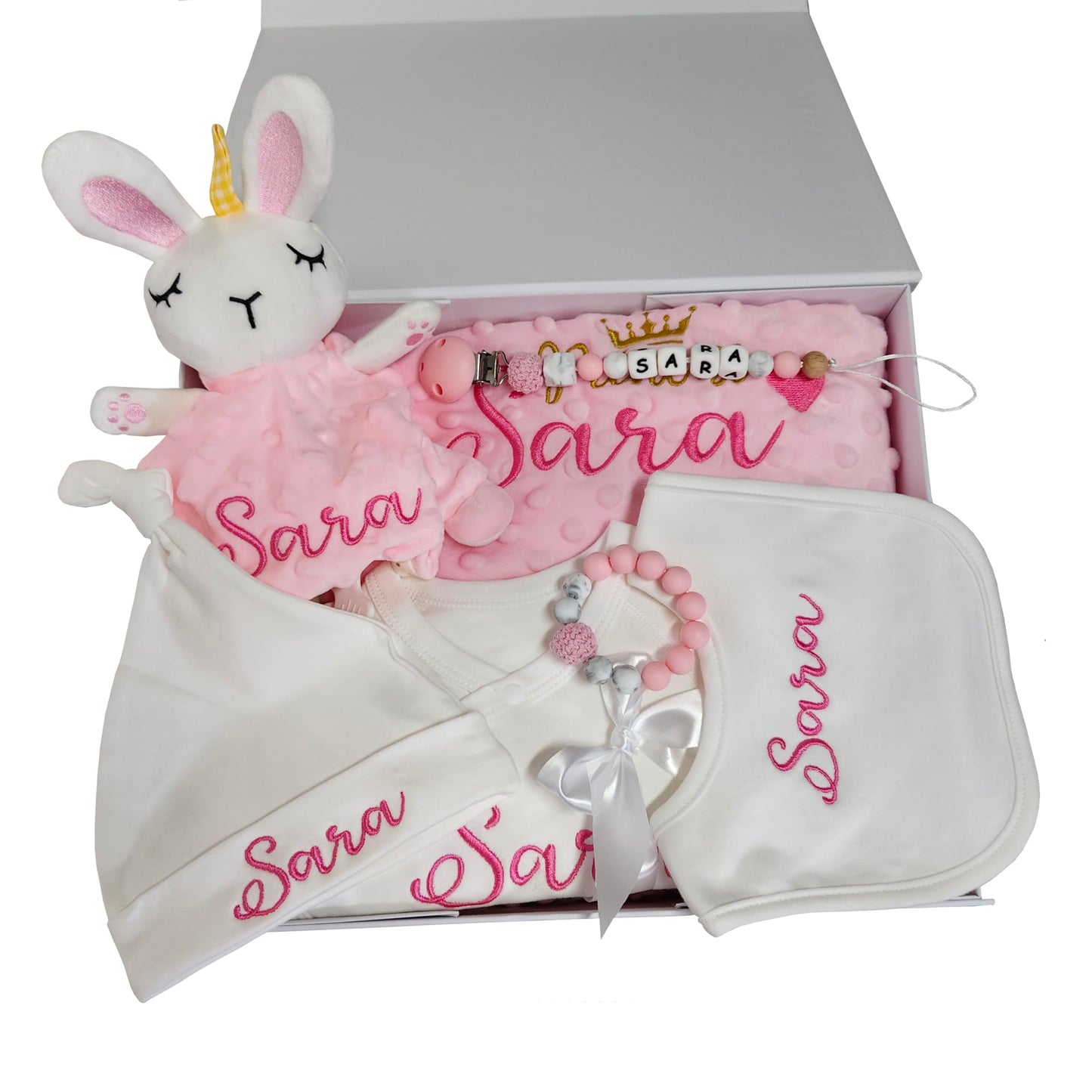 Personalized Newborn Baby Gift Sets, Customized Essential Stuff for Newborn Girl, Custom Embroidered Baby Blanket Onesie Hat Beanie Pacifier Clip Security Blanket with Name